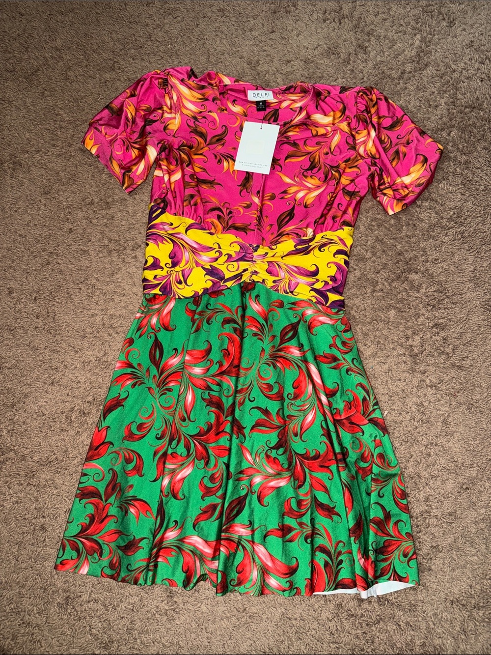 Delfi Colorblock Floral Fit & Flare Dress - Pink, Yellow, Green